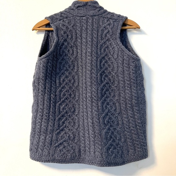 Authentic Irish Aran Merino Wool Cable Knit Sweater Vest Slate Blue Cozy Pockets - Picture 2 of 10